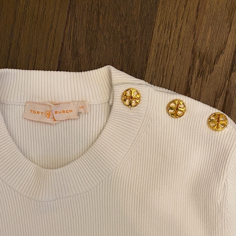Tory Burch ribbed short sleeves top with Gold Button - Picture 5 of 7